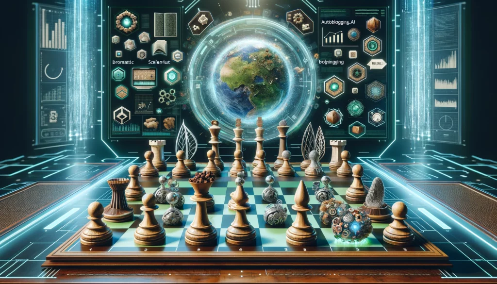 A grand chessboard set in a futuristic environment, where on one side, the chess pieces are crafted to resemble various nuts and seeds, symbolizing scalenut-vs-autoblogging