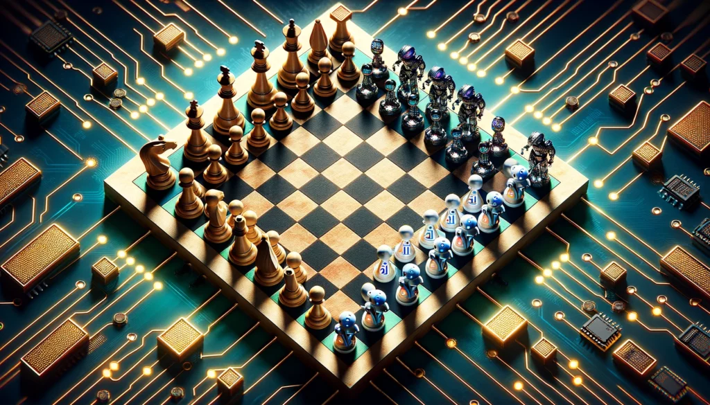 A symbolic image of a chessboard from an aerial view, where the pieces on one side are traditional chess pieces to represent longshot-vs-autoblogging