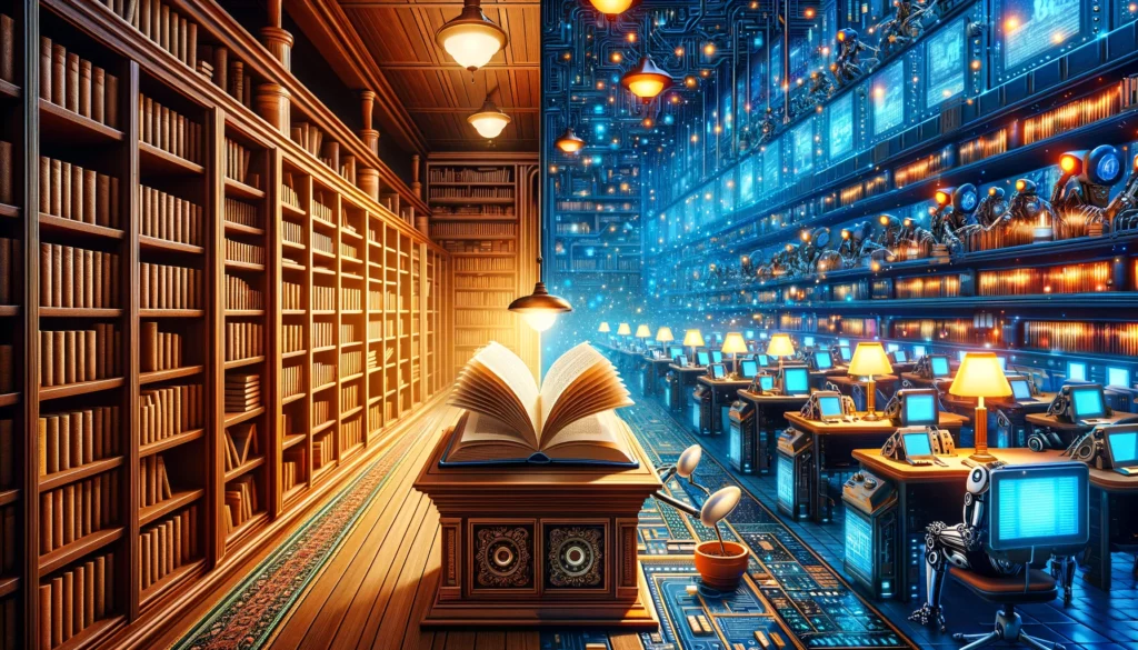 A vivid, contrasting library vs computer room scene representing wordtune-vs-autoblogging