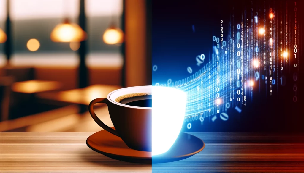 Abstract image that symbolizes the blend of traditional content creation with technology, comparing CuppaSh with Autoblogging