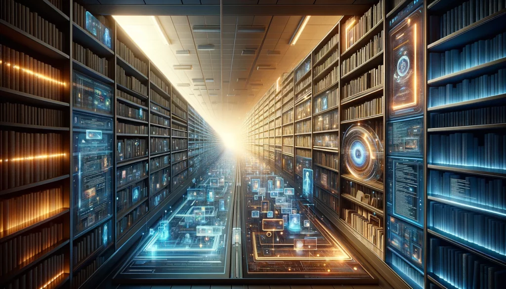 An artistic interpretation of a digital library, where one half is illuminated by soft, warm light and filled with traditional bookshelves, representing textbuilder-ai-vs-autoblogging