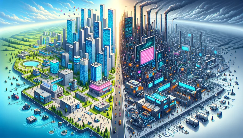 An imaginative landscape where one half is a bustling digital metropolis, representing chatgpt-vs-autoblogging