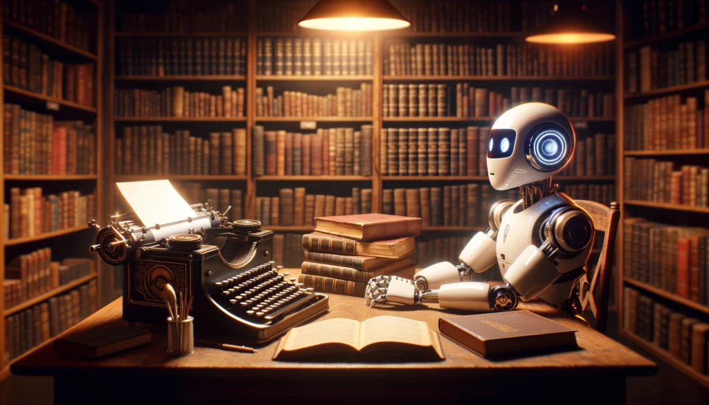 Image of a vintage typewriter and a futuristic robot sitting at a desk, facing each other, under a warm, dim light - copysmith-vs-autoblogging.ai.webp