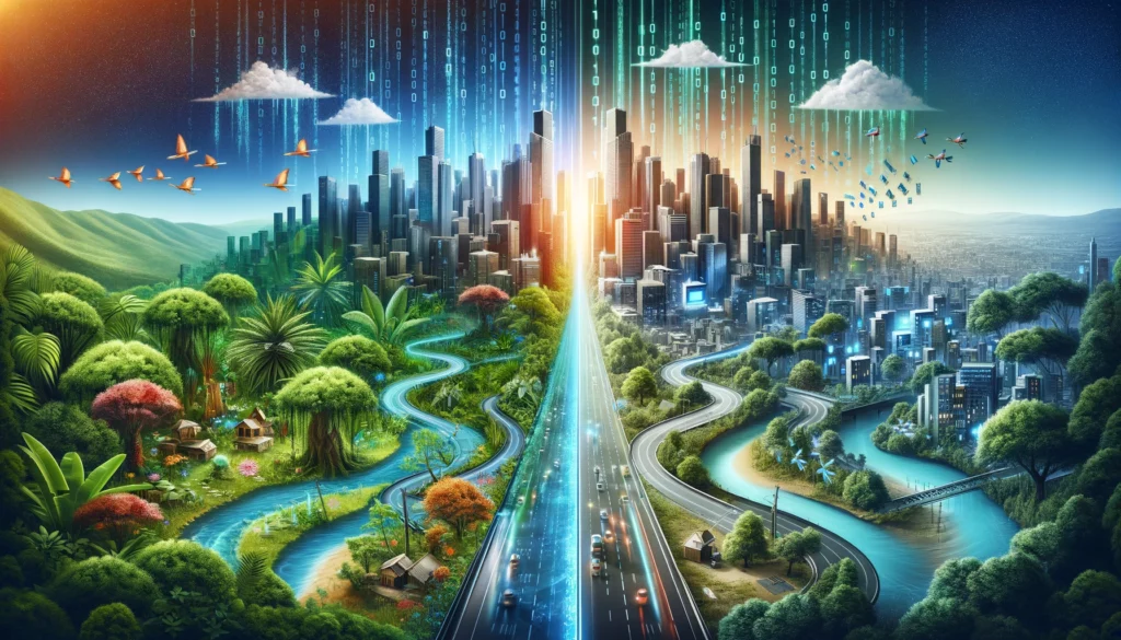 Image of an imaginative cityscape where one half is a lush, vibrant jungle, filled with towering trees and exotic plants, representing scalenut-vs-autoblogging