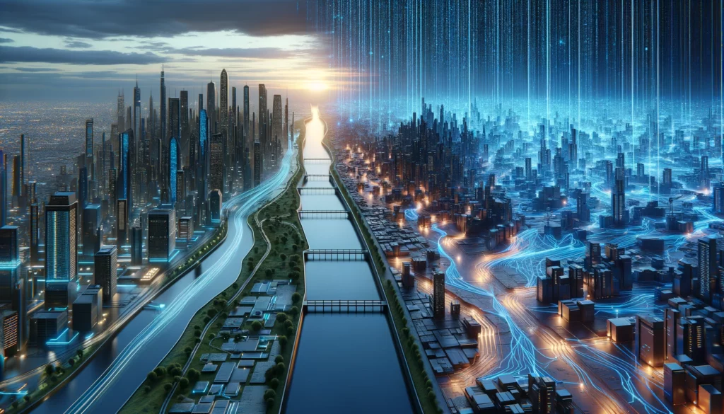 Image to represent longshot-vs-autoblogging.ai - a futuristic cityscape with two distinct zones separated by a river