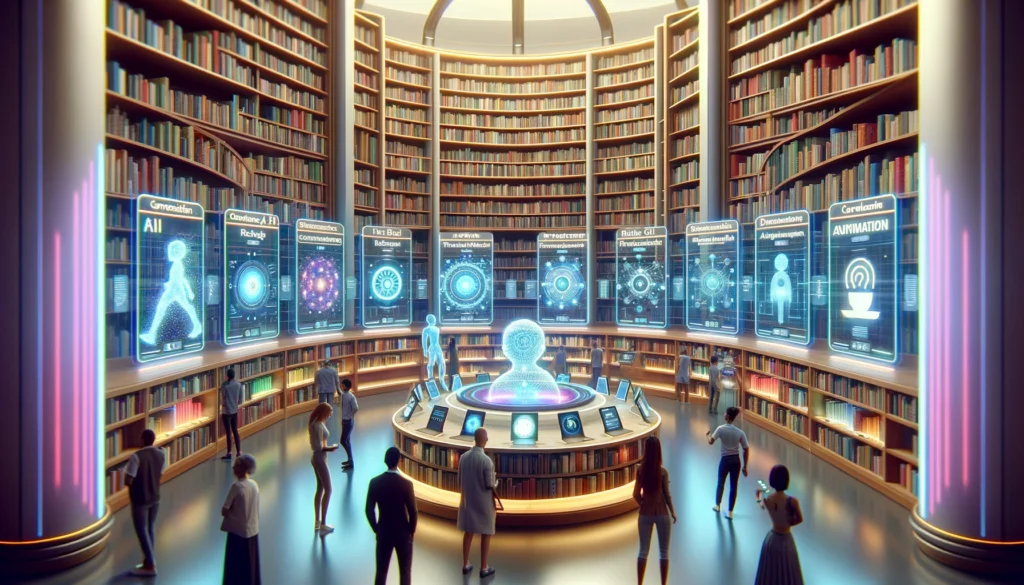 Chatgpt Alternatives - Image of a futuristic library or archive, where each book or digital display represents a different AI-driven conversational platform,