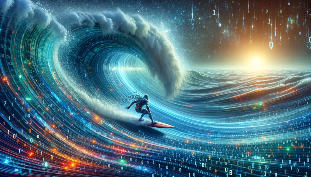 Dynamic, high-energy scene representing the vast potential of AI in navigating the complexities of data analysis, inspired by 'Surfer AI'