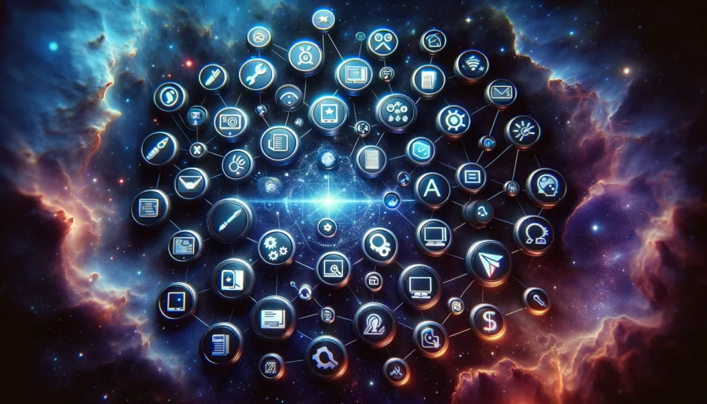 Illustration of a digital canvas where an array of icons represents various writing and editing tools, forming a constellation in a virtual space - Zimmwriter Alternatives