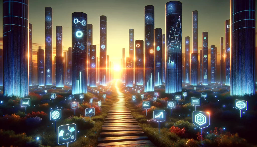 Image of a digital landscape at dawn, with a pathway leading through a forest of towering, luminescent data towers, each representing a different alternative to Outranking
