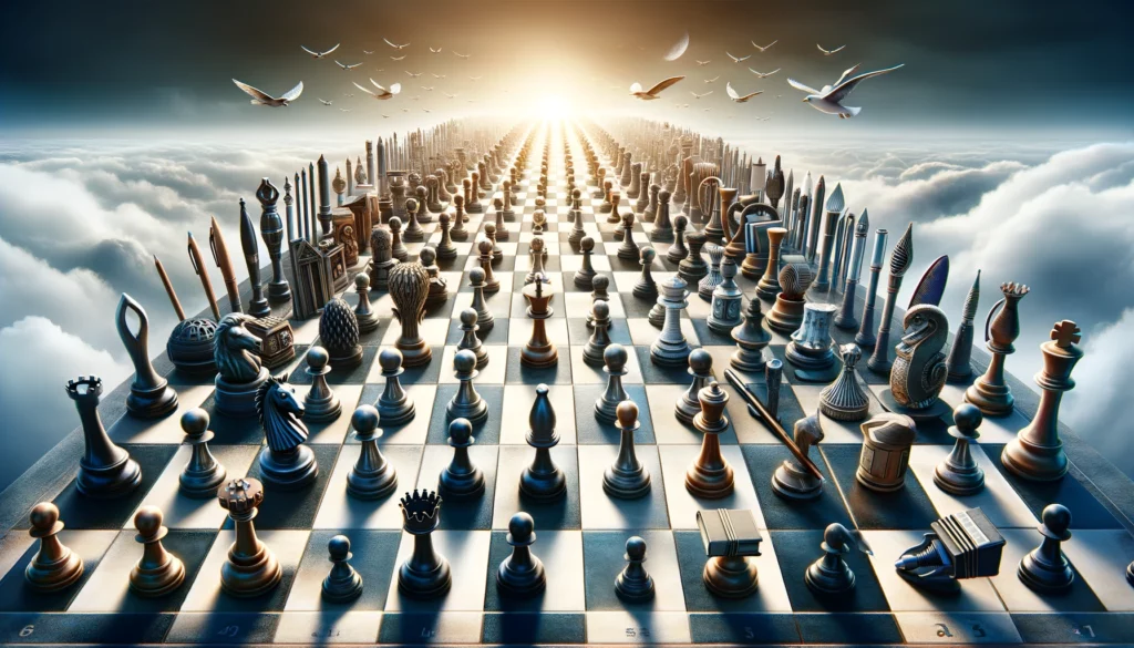 Image of a grand chessboard extending into the horizon, where each chess piece represents a different alternative to Outranking