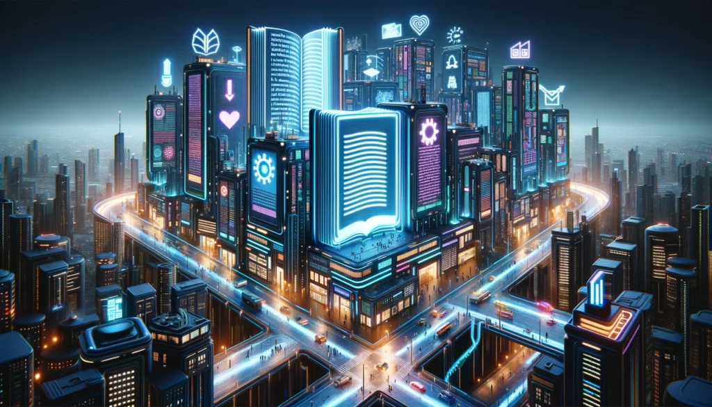 Image showcasing a futuristic cityscape at night, where buildings are shaped like giant books, tablets, and other writing instruments - Longform Ai Alternatives