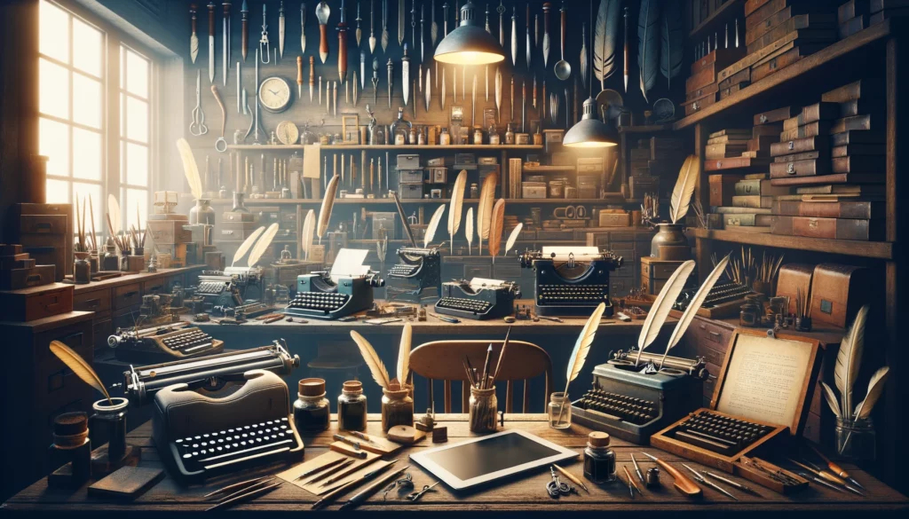 Zimmwriter Alternatives - Scene where an artisan's workshop is filled with various traditional and modern writing instruments, such as quills, ink pots and typewriters