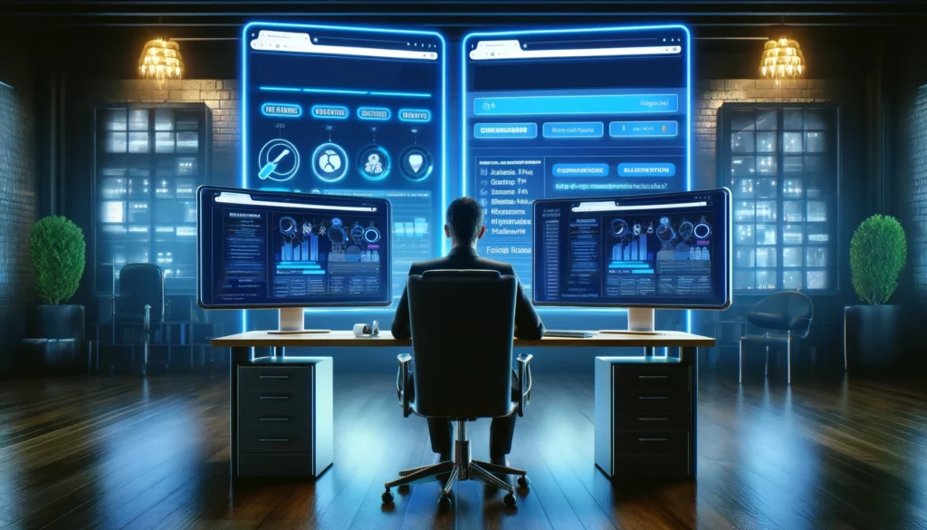 A modern digital office scene with two large monitors side by side, each displaying the interface of different SEO indexing tools - Indexmenow and GIGA